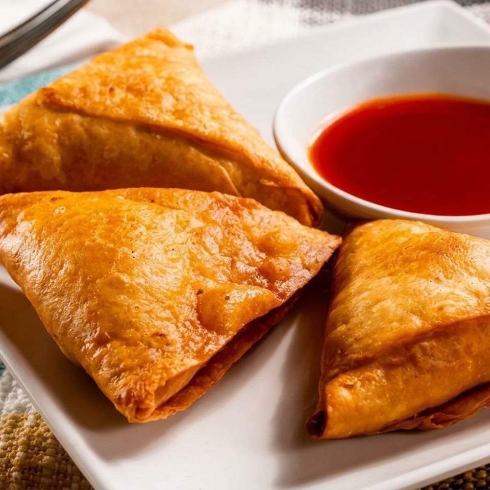 Three golden-brown samosas on a white plate with a small bowl of red dipping sauce.
