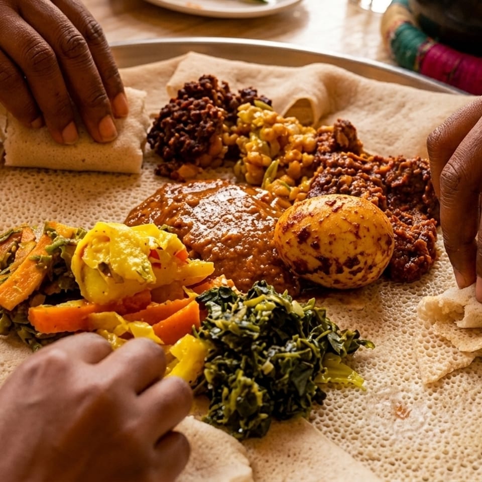 Hands sharing an Ethiopian injera platter with various colorful stews and vegetables.
