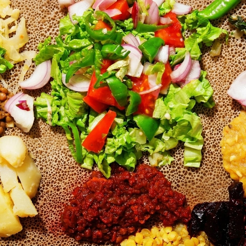 A colorful Ethiopian injera platter with various stews, lentils, vegetables, and salads.