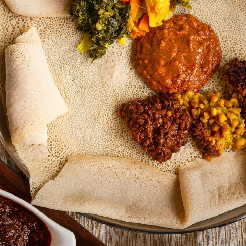 Close-up of Ethiopian injera bread with various colorful stews and vegetables on a metal platter.